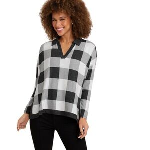 Maurices "NEW" Black White Preppy Retro Collared Fairview Plaid Top Size M